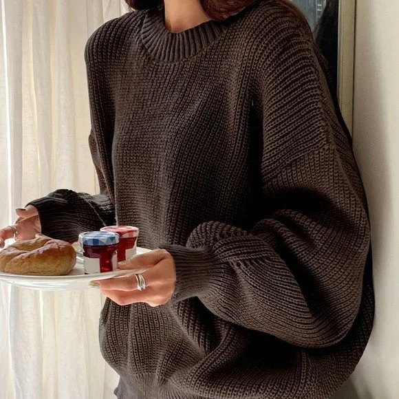 Brown Boho Womens Eyelet Detail Ribbed Knit Drop Shoulder Sweater - Picture 3 of 5